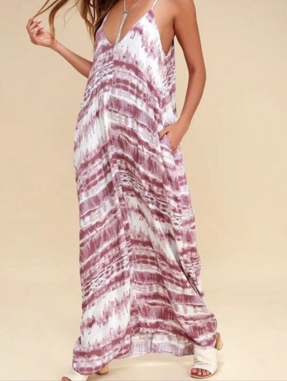 Lulu's Mauve and White Tie-Dye V-Neck Maxi Dress
